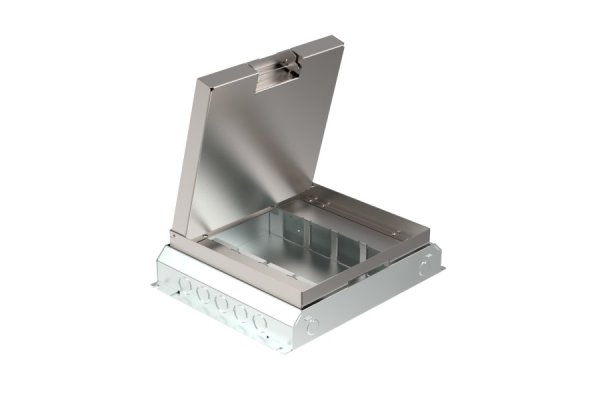 HPL boîte de sol 50mm - 4x prise + 4x découpe M45 de 45x45mm - couvercle Inox T25ZR