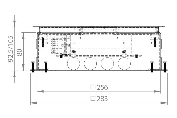 HPL vloerdoos instort 80 mm (kruisdoos) 4x WCD penaarde + 6x data-uitsparing 15x19.6mm - RVS T15 klapdeksel