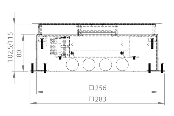 HPL vloerdoos instort 80 mm (kruisdoos) 4x WCD penaarde + 4x M45 uitsparing 45x45mm - RVS T25 klapdeksel